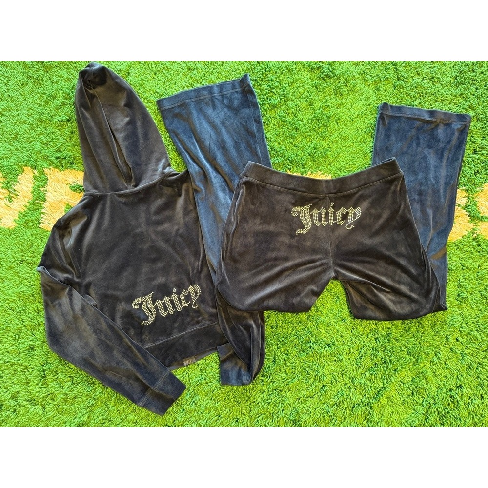 Juicy Couture Tracksuit Womens L BLUE Excellent Rhinestone Velour Hoodie Pants‎